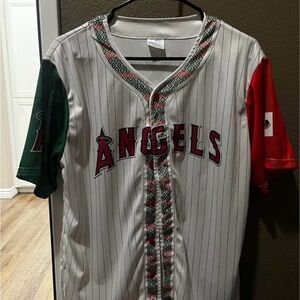Angels Baseball Jersey with Red and Green Sleeves